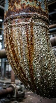 Close up of a heavily corroded and textured industrial pipe with peeling paint and rust streaks in a dimly lit abandoned factory setting photo