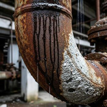 Close up of heavily corroded industrial pipe with dripping residue and mineral buildup in an abandoned factory setting photo