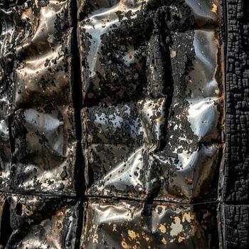 Abstract close up of a crumpled reflective metallic surface showing distorted light and shadow patterns creating a textured abstract composition photo