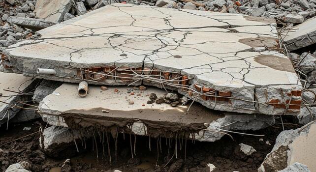 Close up view of fractured concrete debris with exposed rebar and wire mesh showcasing the destructive aftermath of a collapse or demolition photo