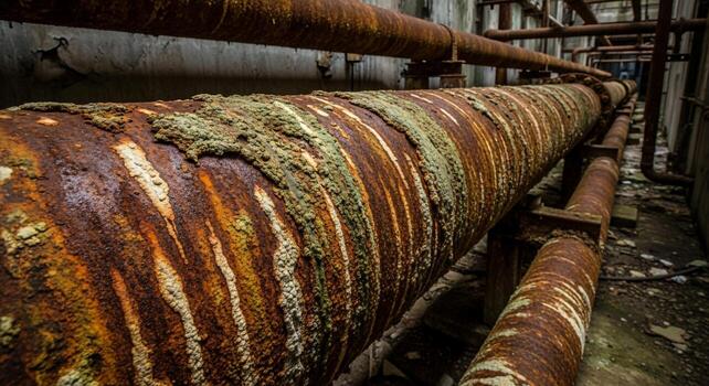 Close up view of a heavily corroded and decaying industrial pipe with layers of rust and green buildup in an abandoned factory setting photo