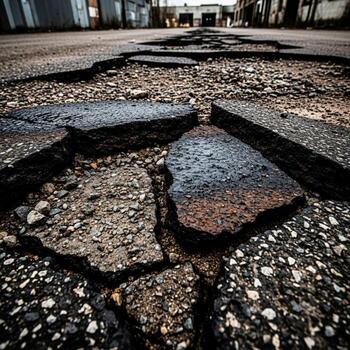 Close up perspective of a deeply cracked and broken asphalt road surface with visible gravel and debris creating a textured pattern photo
