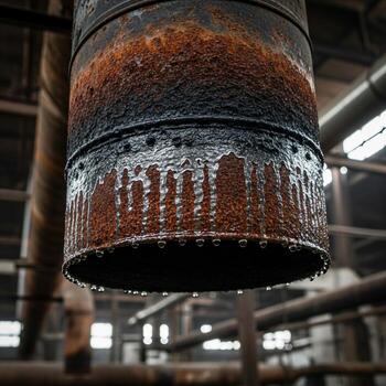 Close up view of a rusty weathered industrial chimney or exhaust pipe with dripping residue in a dimly lit factory setting photo