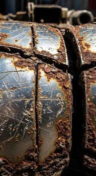 Close up view of a heavily rusted and weathered metal object with segmented sections and deep cracks revealing its age photo