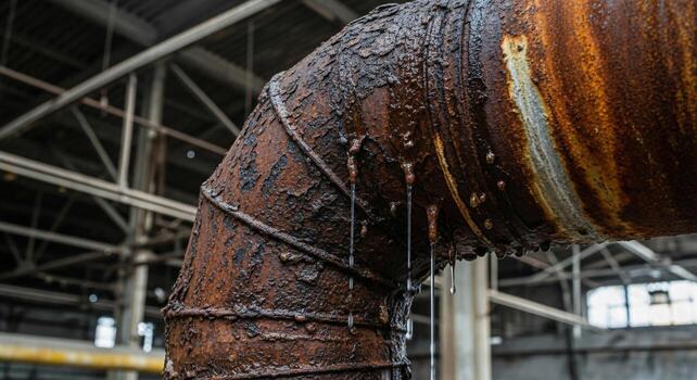 Close up view of a heavily corroded and dripping industrial pipe elbow within a dimly lit factory setting photo