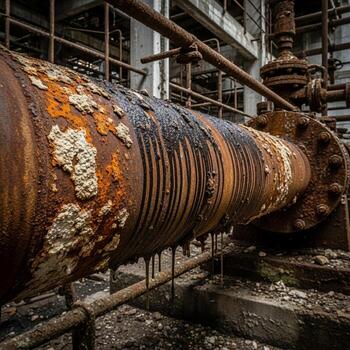 Close up view of a large heavily corroded industrial pipe with peeling paint and rust in a derelict factory setting photo