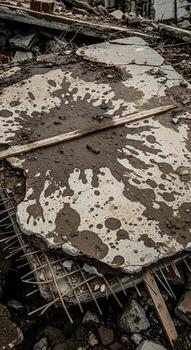 A man is standing in front of a building with a broken table photo