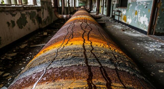 A long pipe with rust on it in an abandoned building photo