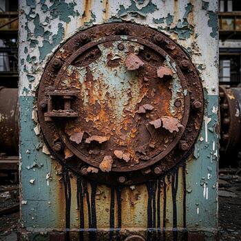 cerca arriba de un fuertemente oxidado circular acceso escotilla en un resistido industrial estructura con peladura pintar y goteo oxido foto