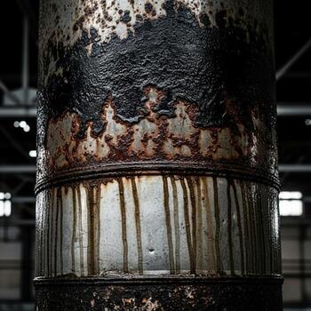 Close up view of a heavily corroded industrial pipe with dripping dark residue in a dimly lit factory setting photo