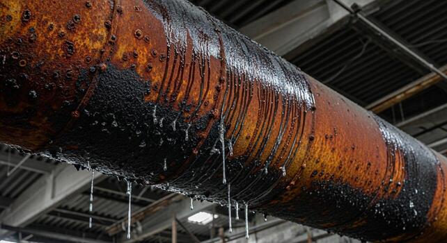 Close up of a heavily corroded and rusted industrial pipe with water dripping from its surface in a factory setting photo