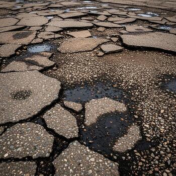 Close up view of a severely damaged and broken asphalt road surface with puddles of water and loose gravel creating a textured abstract pattern photo