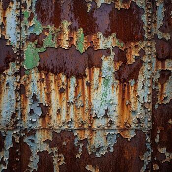 Close up of weathered metal surface with peeling paint and streaks of rust creating an abstract textured background pattern photo