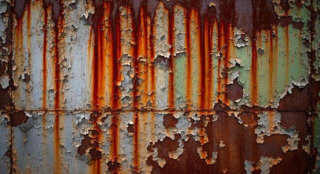 Close up of weathered metal surface with peeling paint and streaks of rust creating a textured abstract pattern photo