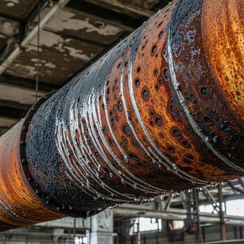 Close up of a large industrial pipe showing significant rust and corrosion with dripping residue under a factory ceiling photo