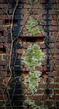 descuidado antiguo ladrillo pared textura con entrelazando vides y cubierto de musgo verdor creando un rústico y abandonado atmósfera foto