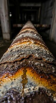 Close up view of a heavily corroded and weathered industrial pipe showing layers of rust and decay in a dark atmospheric setting photo
