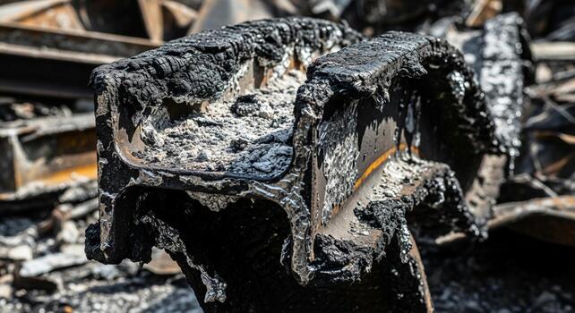 Close up view of a heavily damaged and melted electronic device likely a computer component after a severe fire event photo