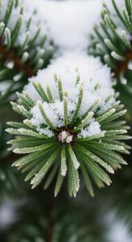 Close up macro view of a snow covered evergreen pine tree branch with delicate white frost clinging to its needles photo