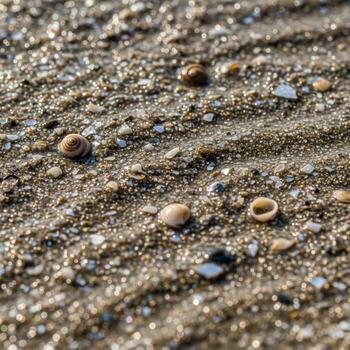 cerca arriba ver de húmedo arena con pequeño conchas y guijarros creando un texturizado natural modelo debajo suave luz de sol foto