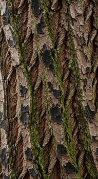 Detailed close up view of rough textured tree bark exhibiting a complex pattern of deep ridges and earthy tones with hints of green moss photo