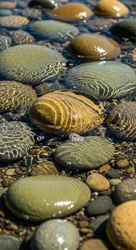 suave vistoso río piedras con intrincado patrones son parcialmente sumergido en claro ondulación agua creando un sereno natural mosaico foto