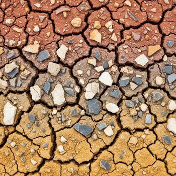 Cracked earth texture a close up view of dry soil with embedded rocks and pebbles showing a gradient of colors photo