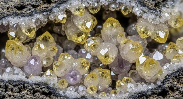Macro photograph showcasing a cluster of sparkling yellow and clear quartz crystals nestled within a geode cavity with a rough textured exterior photo