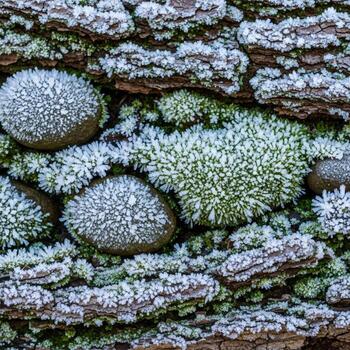 Close up view of a textured tree bark surface covered in frost and lichen showcasing intricate natural patterns and wintery details photo