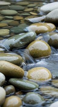 Smooth rounded river stones submerged in clear flowing water creating a tranquil and natural abstract pattern of earth tones photo