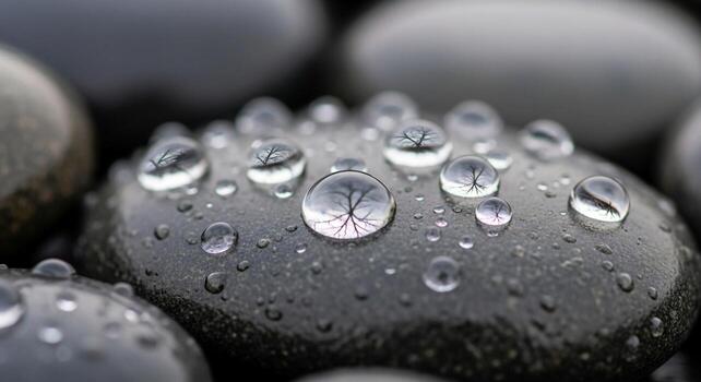 Macro photograph of smooth grey pebbles adorned with glistening water droplets reflecting light and creating a serene natural abstract composition photo