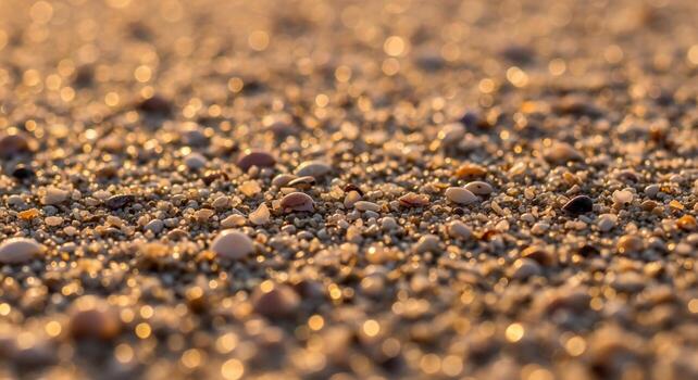 Close up macro view of sunlit beach sand and small pebbles with warm golden hour light creating a soft bokeh effect photo