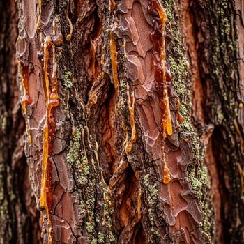 Close up view of rough textured tree bark with amber colored sap dripping down its surface in a forest setting photo