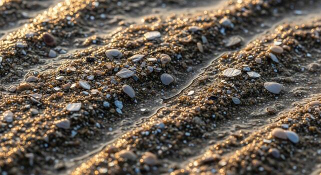Close up view of textured sand dunes with ripples and small pebbles illuminated by warm sunlight creating a natural abstract pattern photo