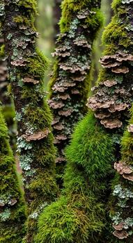 Close up view of textured tree bark covered in vibrant green moss and shelf fungi creating a natural forest floor pattern photo