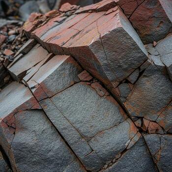 cerca arriba ver de resistido angular rock formaciones con rojizo y grisáceo matices exhibiendo natural geológico texturas y patrones foto