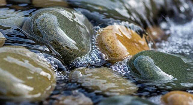 Close up view of smooth wet river stones and pebbles submerged in clear flowing water creating a serene natural abstract pattern photo