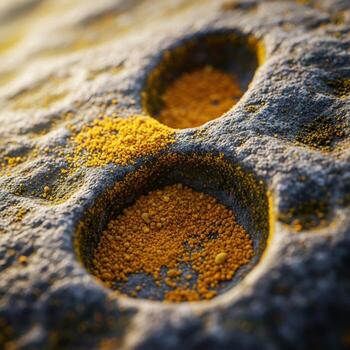 Close up macro view of weathered rock formations with circular indentations and textured surfaces photo