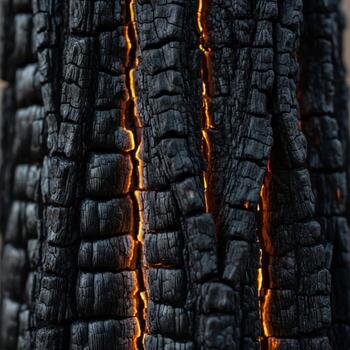 Close up macro view of charred tree bark revealing deep cracks and glowing embers of residual heat within the textured surface photo