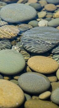 Smooth colorful river stones and pebbles submerged in clear shallow water creating a mesmerizing natural pattern and texture photo