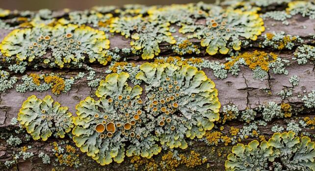 Close up view of colorful lichen growing on rough tree bark showcasing intricate patterns and textures of nature s artwork photo