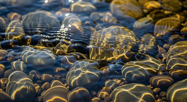 Intricate patterns of light and shadow dance across smooth rounded river stones creating a mesmerizing abstract natural art photo