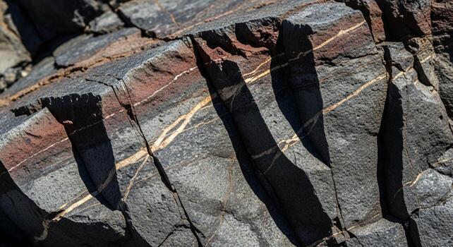 Intricate geological patterns revealed in weathered rock formations showcasing contrasting colors and sharp vertical striations under natural light photo