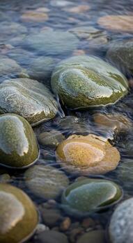 Smooth river stones submerged in clear flowing water creating a serene and tranquil natural abstract pattern photo