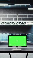 Vertical Green screen tablet in data center used for doing maintenance on infrastructure, improving workload. Mockup device in server farm used by high tech server clusters for parallel processing video