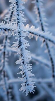 Delicate ice crystals encrusting thin branches creating a frosty ethereal winter wonderland scene with soft focus background photo