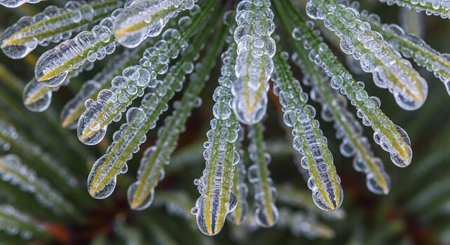 Close up macro view of delicate ice crystals forming on the needles of a coniferous evergreen tree branch after a winter frost photo