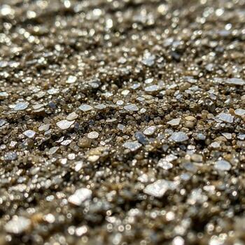 Close up abstract view of shimmering metallic gold and silver glitter particles creating a textured background photo
