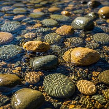 Smooth river stones and pebbles submerged in clear shallow water creating a natural textured mosaic pattern photo