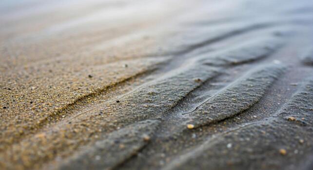 Close up view of rippled wet sand on a beach showing intricate patterns formed by receding water and gentle waves photo